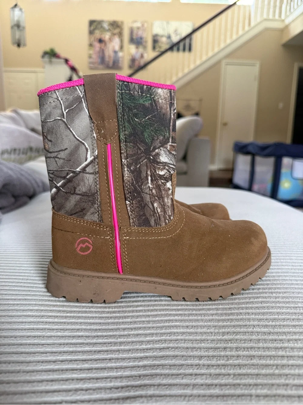 Magellan Outdoors Kids Brown Suede & Camo Boots with Pink Trim